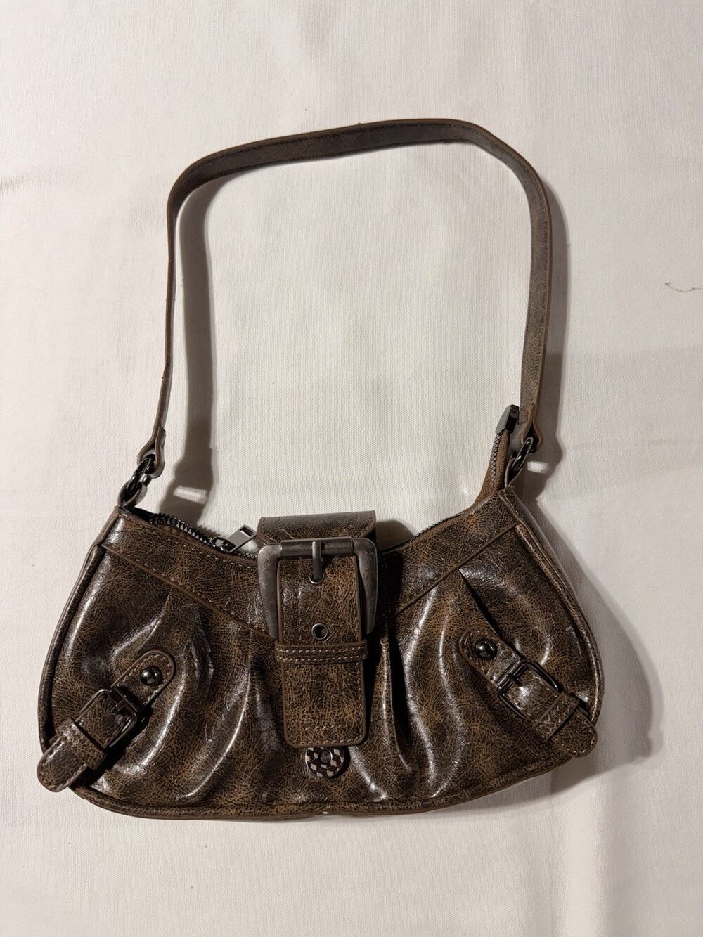 Y2K Brown Distressed Faux Leather Buckle Shoulder Bag Boho Baguette Purse Clutch